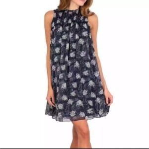 Joie Womens Dress XL Navy Floral Mock Neck Sleeveless Keyhole Back Sheer Overlay